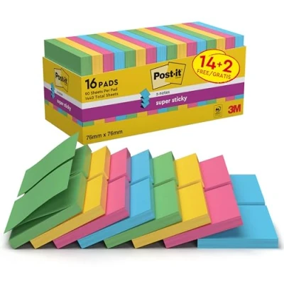 Image de Post it Super Sticky Z Notes, Pack Promo de 14 + 2 Blocs Gratuits, 90 Feuilles par Bloc, 76 mm x mm, Vert, Jaune, Rose, Bleu Notes Adhésives pour Prise Listes Tâches et Rappels