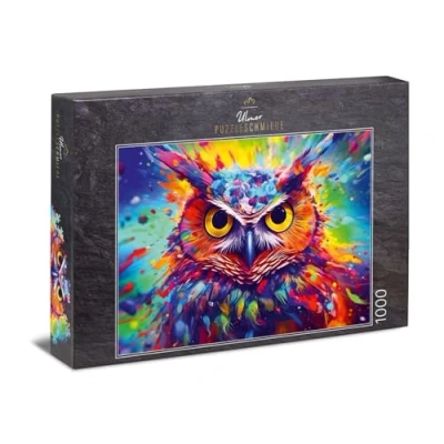 Image de Ulmer Puzzleschmiede Puzzle chouette de 1000 pièces Portrait artistique coloré la comme explosion couleurs sur fond abstrait d&#039;oiseaux éclatant, qualité fabriqué en