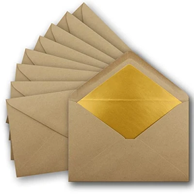 Image de Metallic Enveloppes doublées DIN C5 156 x 220 mm avec Rabat Pointu 100 Stück Sandbraun mit Gold Futter