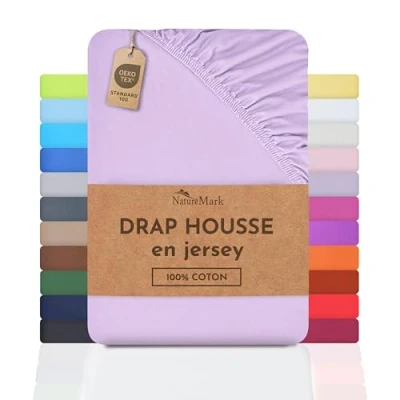 Image de NatureMark Drap Housse en Jersey, 100% Coton, Disponible dans de Nombreuses Tailles et Couleurs, qualité Oeko Tex Standard 100, 180 x 200 cm cm, Lilas/Lavande