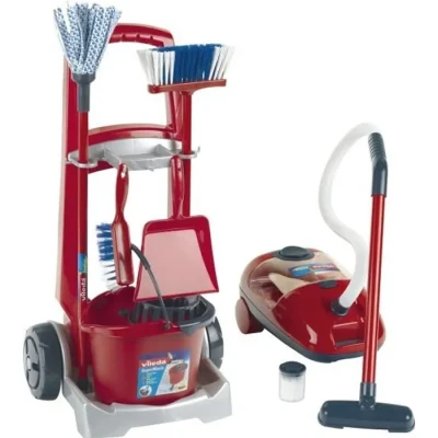 Image de Klein 6742 chariot ménage Vileda avec Aspirateur Nombreux accessoires électronique bruitage et légère aspiration Dimensions du : 29 cm x 24 60 Dès 3 ans