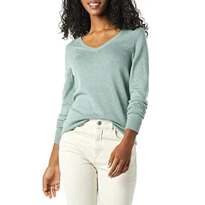 Image de Amazon Essentials Pull Col en v À Manches Longues Léger Coupe Classique (Grandes Tailles Disponibles) Femme, Vert Sauge Chiné, XL