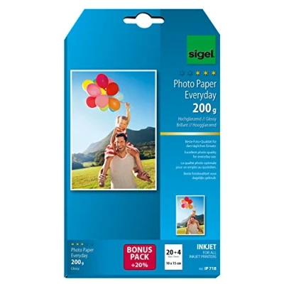 Image de SIGEL Ip718 Papier Photo Everyday Jet d&#039;encre, Ultra Brillant, Format 10 X 15 cm, 200 G/M², 20 Feuilles + 4 Gratuites