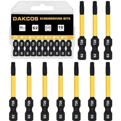 Image de DAKCOS T20 Bit long, Torx T20, assortiment d&#039;embouts en S2, embout de vissage 1/4 tige hexagonale (longueur : 50 mm, 10 pièces)
