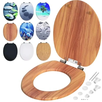 Image de CASARIA® Siège de WC Bois système d&#039;abaissement automatique MDF abattant standard salle bain lunette couvercle toilette