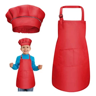 Image de kissral Ensemble tablier + toque de chef réglable avec poches pour enfants, 4 à 12 ans (rouge, taille L)