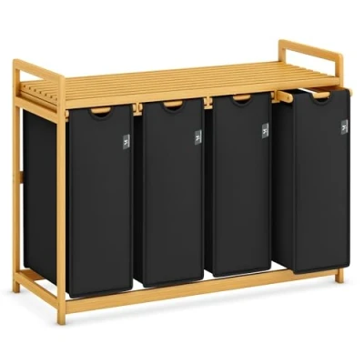 Image de AdelDream Panier à linge avec cadre en bambou 200L 4 compartiments extensible et amovible noir