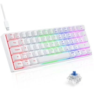 Image de QWERTZ Clavier de Jeu mécanique Allemand TECURS 60% TKLInterrupteur Bleu Gamer Filaire 61 Touches pour PC Windows/Mac /PS4 Blanc