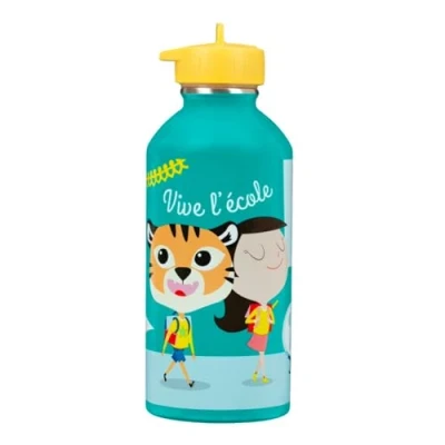 Image de gourde enfant Acier inoxydable DRAEGER PARIS Facile à nettoyer réutilisable Idéale pour parc, école Contenance 300ml 17 cm x 6,5 Vert turquoise Message inscrit : Vive l&#039;école