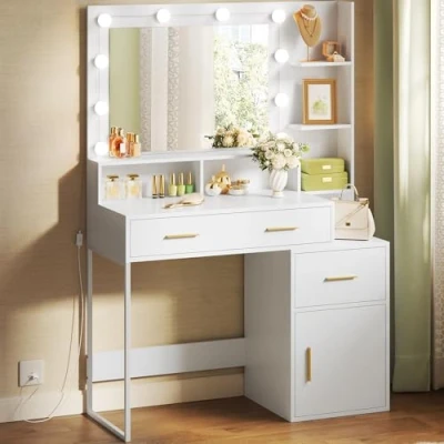 Image de WOLTU Coiffeuse avec Lumière LED et Miroir, Table de Maquillage 3 Tiroirs Étagères Ouvertes, 90x40 cm, Meuble Chambre Moderne Grand Espace Rangement, Blanche, en Bois, MB6102ws