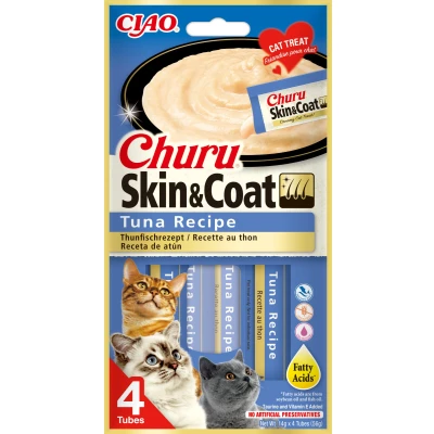 Image de INABA Churu Skin &amp; Coat Friandises pour Chats en Purée au Thon Oméga 3 6 et Taurine Snacks Félins, Texture Onctueuse Nourriture Chats, Peau Pelage 4 Tubes x 14g