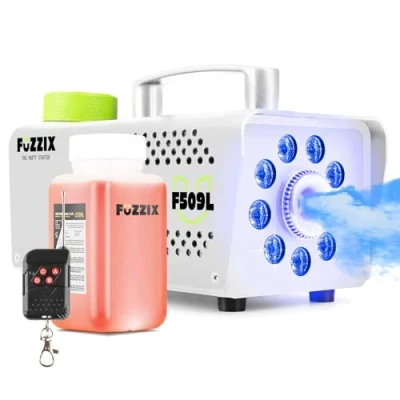Image de Fuzzix F509LW Machine à Fumée 500 Watts avec 9 LEDs RGB Blanc, Liquide 250 mL Inclus, Facile Transporter, Niveau de Réservoir, Idéal pour les Anniversaires, Soirées Halloween