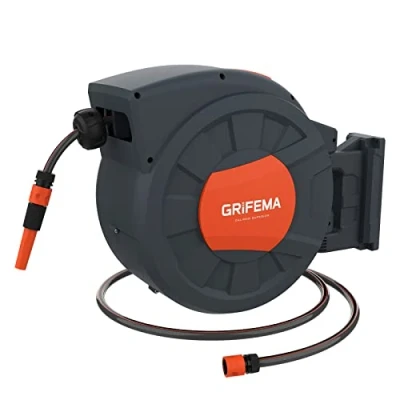 Image de GRIFEMA G301 35, Enrouleur Tuyau Arrosage Mural 35m+2m, Rotation à 180 , Complet avec Pistolet, Raccords, et Support