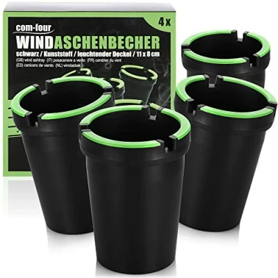 Image de com four® 4X cendriers d&#039;extérieur Coupe Vent avec Couvercle éclairé cendriers, Ø 8 cm (04 pièces Noir)