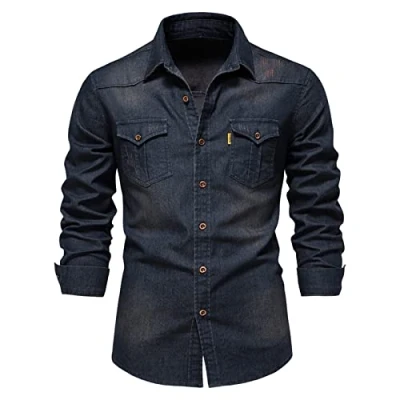 Image de SANGOGO Chemises pour Hommes à Manches Longues Printemps Slim Fit Cardigan en Jean Couleur Unie Revers Tops Hauts Hommes, Navy Blue
