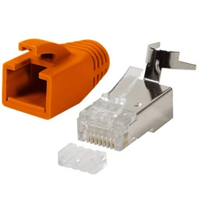 Image de odedo 10x fiches RJ45 Cat.7, Cat 6A, 8.1 orange, fiche réseau, à sertir, créer un câble patch, gaine de protection contre le pliage et aide l&#039;enfilage, connecteur blindé