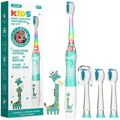 Image de Seago Enfants Brosse À Dents Électrique pour 3 12 Ans avec Minuteur Intelligente et Lampes à LED de Couleur 4 Douces Têtes Kids Filles Garçons SGEK6/SG977 (Vert)