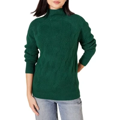 Image de Amazon Essentials Pull Torsadé à Col Cheminée Doux Au Toucher Femme, Vert Foncé, XS