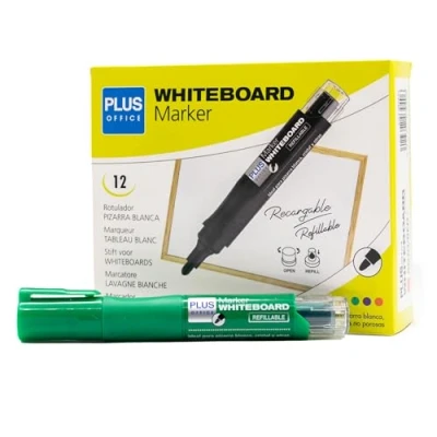 Image de Plus Office Lot de 12 marqueurs pour tableau blanc avec encre liquide rechargeable, pointe 2 mm, idéal écrire sur verre, et autres surfaces lisses, effaçable (vert,