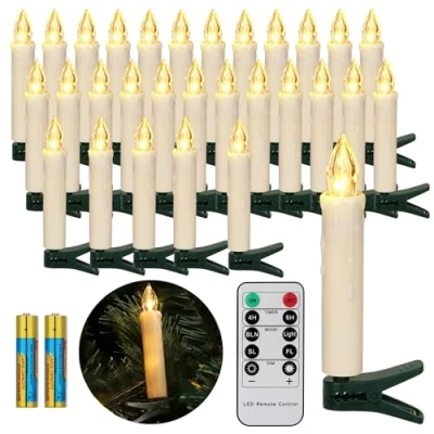 Image de FREEPOWER 30 Bougies LED Sapin de Noël sans Fil avec Télécommande Minuterie Flamme Vacillante, Blanc Chaud, Dimmable, Intérieur étanches extérieur Décoration（Inclut piles）