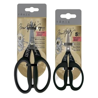 Image de Tonic Studios Tim Holtz Ensemble de ciseaux pour gaucher Mini cisaille 12,7 cm et 17,8 UP6 Lames en titane haute durabilité Poignées confortables Bord micro dentelé