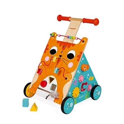 Image de Janod Chariot Multi Activités Chat en Bois Pousseur Évolutif avec Frein et Poignée Ajustable Apprentissage de la Marche Dès 1 an, J08005, Multicolore