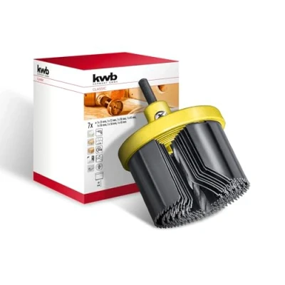 Image de kwb 7 pces scie cloche multi couronnes Ø 25, 32, 38, 45, 50, 58 et 63 mm avec foret de centrage, bonne capacité coupe, profondeur coupe 40 mm, queue ronde plaque d&#039;appui en aluminium lourd