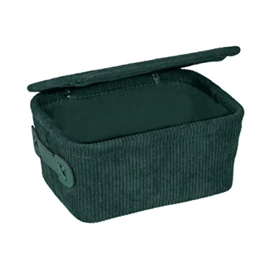 Image de WENKO panier de salle bain Anela à couvercle, rangement en velours côtelé, ranger les accessoires la bain, 100% polyester, poignée similicuir, 19 x 10 14 cm, vert foncé