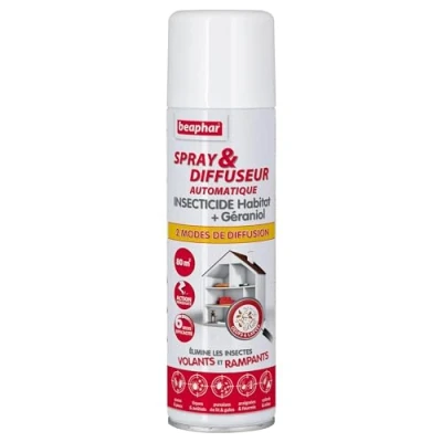 Image de BEAPHAR Spray &amp; Diffuseur automatique insecticide habitat + Géraniol Tue les insectes volants, rampants, œufs et larves Permet de traiter 80 m² Action longue durée jusqu&#039;à 6 mois 250 ml