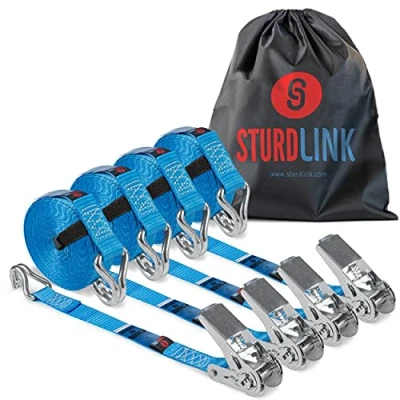 Image de Sangle a Cliquet 5m avec Crochets 800kg en U + Scratch Maintien Sac Sangles d&#039;Arrimage pour Porte Moto ou Quad, Remorque, Ancrage via Anneau de Fixation [Lot 4] Serrage Sturdlink ®