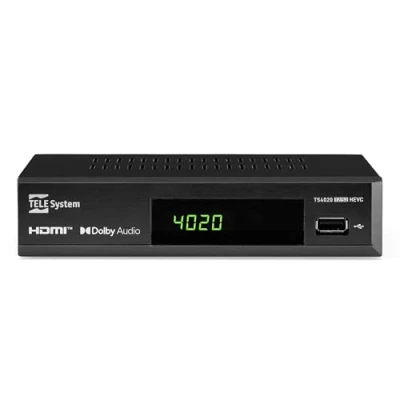 Image de Tele System Decoder TS4020 avec double tuner DVB T/T2 et S/S2 HEVC HD HDR10 HLG. Accédez à la télévision radio sans air, terrestres satellite. Lecteur multimédia USB pour musique,