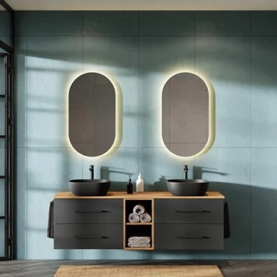 Image de Planetmöbel LUX Ensemble de meubles salle bain avec meuble bas 170 cm, 2 lavabos à poser 42 cm noir, miroirs 50 (sans LED), sous vasque, chêne doré/anthracite