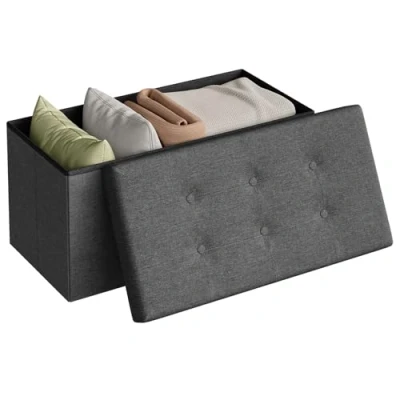 Image de WOLTU SH10hgr 1 Tabouret Banc de Rangement en Lin,Pouf Pliable Cube Coffre 76x37,5x38cm,Gris Clair