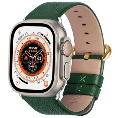 Image de Fullmosa Compatible avec Bracelet Apple Watch 42(Series 3 2 1)/44/45/46/49mm pour iWatch SE(1/2) Ultra(1/2) Series 10/9/8/7/6/5/4/3/2/1 de Remplacement Femme Homme, Vert Foncé+Boucle Dorée