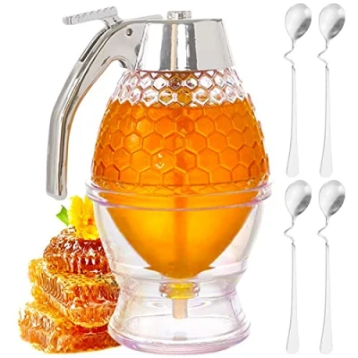 Image de Bootoow Transparent Acrylic Honey Dispenser Verre, Shake Handshandle Distributeur de jus 1 PCS Miel avec support 4PCS Acier Inoxydable Cuillère à