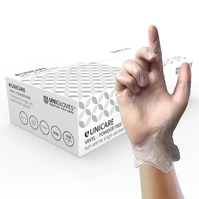 Image de UNIGLOVES Unicare GS0064 Lot de 100 gants jetables en vinyle multi usages sans poudre, latex, poids moyen, transparent, taille L