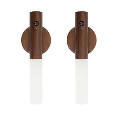 Image de Applique Murale en Bois, Veilleuse d&#039;intérieur avec détecteur de mouvement, à Batterie Magnétique Rechargeable Sans fil Interrupteur pour Chambre, Couloir, Escalier (Noyer 2Pc)