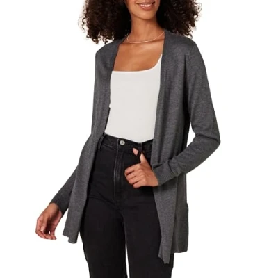 Image de Amazon Essentials Gilet Ouvert sur Le Devant Léger (Grandes Tailles Disponibles) Femme, Charbon Chiné, XS
