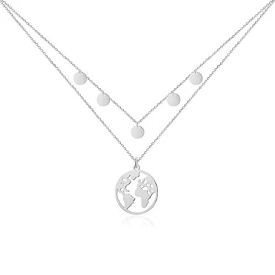 Image de GD GOOD.designs EST. 2015 Collier globe Argent avec plaquettes multi rangs pour femmes Résistant à l&#039;eau I layering carte du monde et coins double Travel