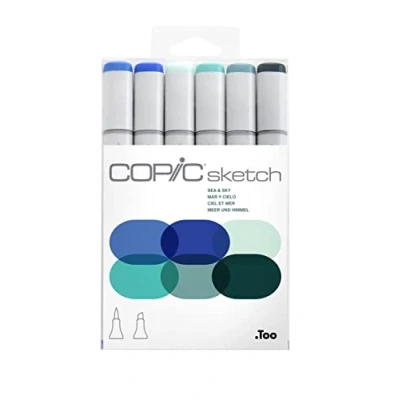 Image de COPIC Sketch Set « Sea &amp; Sky », 6 Twin Marker avec une pointe de largeur moyenne et Brush