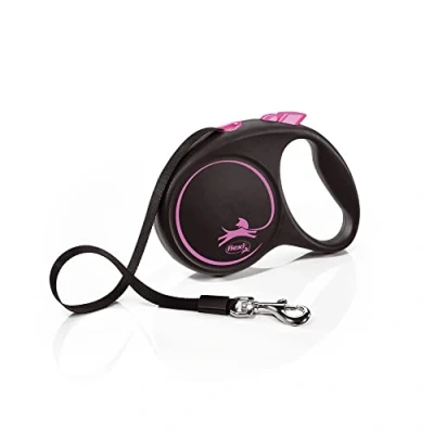 Image de Flexi, Laisse Modèle Black Design, Version Sangle, Forme Moderne et Ergonomique, Système de Guidage perfectionné, à Enrouleur, Made in Germany, Black/Pink, M 5m