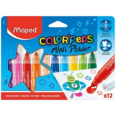 Image de Maped Color&#039;Peps Gros Feutres de Coloriage Mini Power pour Enfant, Pointe Large et Capuchon avec Motif Tampon, Encre Lavable à l&#039;eau Etui 12 Assortis