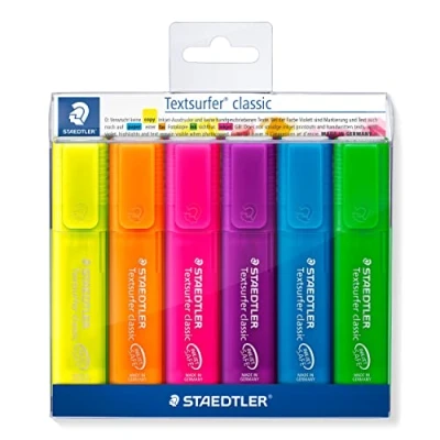 Image de Staedtler 4007817365069 Textsurfer Classic, Surligneurs Fluorescents Et Translucides De Haute Qualité Résistants Aux Uv, Pointe Biseautée 1 À 5 Mm, Étui Plastique Avec 6 Assortis