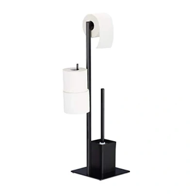 Image de Relaxdays Brosse WC et dérouleur Papier avec Porte Rouleaux de Rechange, Vertical, Salle Bain, H x L P 72 25 20 cm, Noir 1 élément