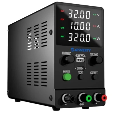 Image de alimentation CC variable, 0 30V 10A commutation réglable, régulée avec charge rapide USB et type C, bouton d&#039;encodeur, interrupteur marche/arrêt de sortie, affichage LED à 4 chiffres