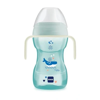 Image de MAM Gobelet d&#039;apprentissage Vaso Fun to Drink D120 avec bec rigide, couvercle protecteur, poignées et antidérapants pour bébés âgés de 8 mois plus, 270 ml, bleu (le design peut varier)