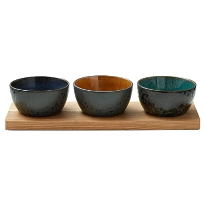 Image de ZONE DENMARK BITZ Bols en faïence/bois multicolore service de 4 pièces.