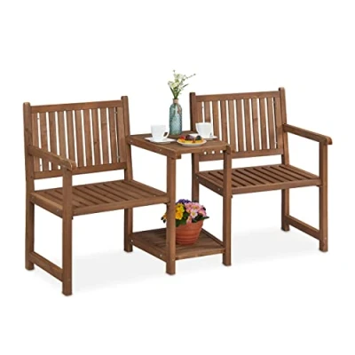 Image de Relaxdays Banc de Jardin avec Table intégrée, 2 Places, Banquette, Robuste, en Bois, Balcon, HLP : 86x161x61 cm, Marron