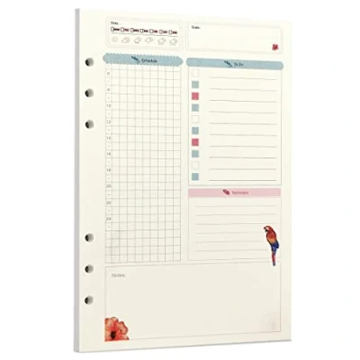 Image de Zelten Recharge de papier perforé multicolore 45 feuilles 90 pages Pour reliure à 6 trous Journal intime rechargeable (A5, Rainforest Daily Planner)