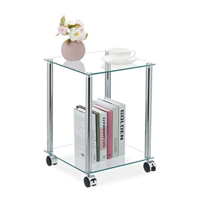Image de Relaxdays d’appoint avec roulettes, 2 Supports, carrée, salon, Verre ER Acier, Table Basse, Transparente/argentée, Plastique, 1 élément